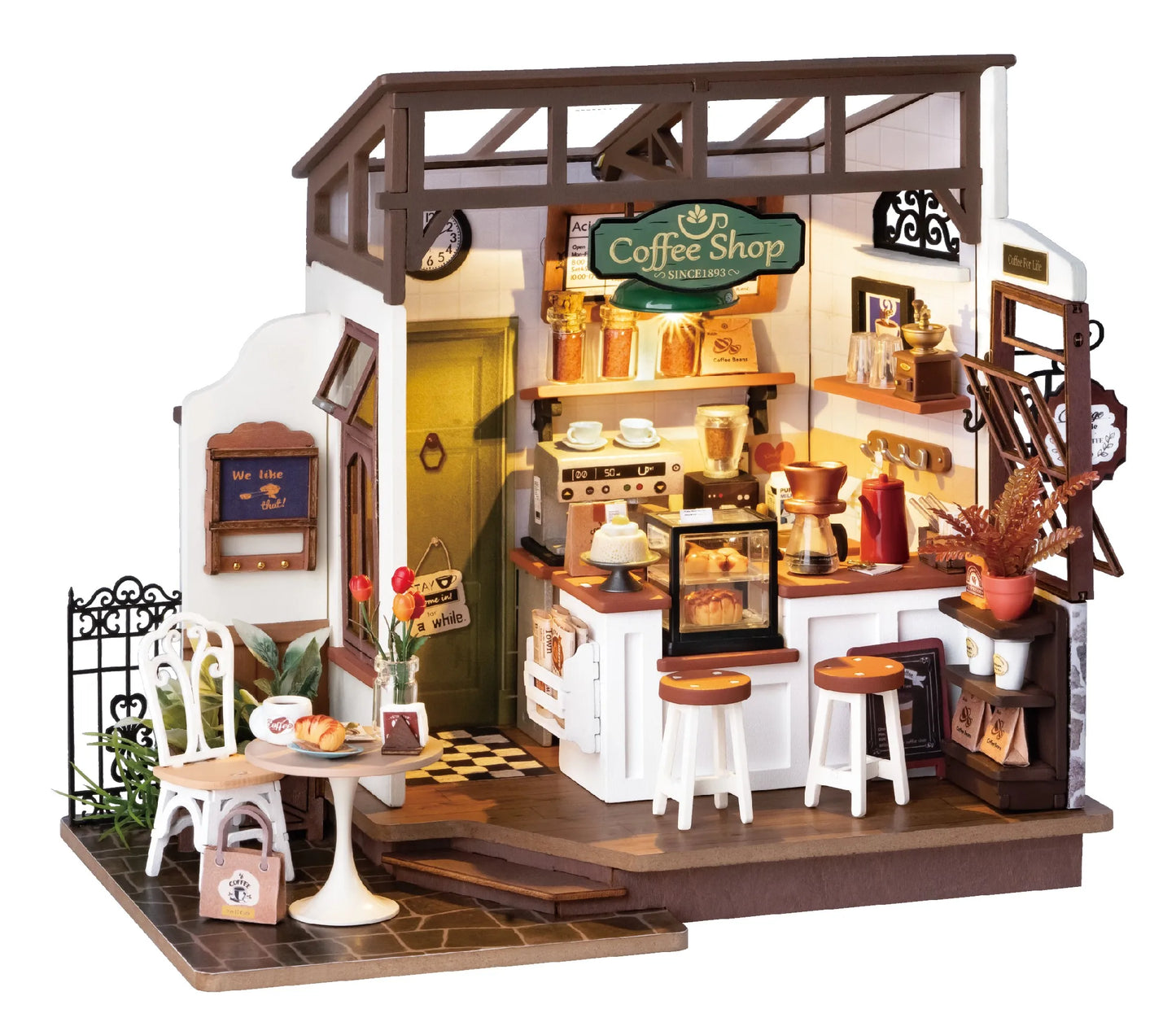 Robotime Rolife Coffee Shop Miniature Dollhouse Kit with LED Lights - DIY Crafts for Adults, Birthday Gifts and Hobbies