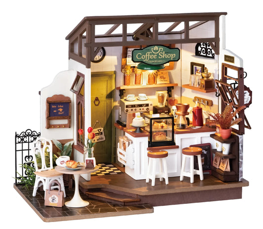 Robotime Rolife Coffee Shop Miniature Dollhouse Kit with LED Lights - DIY Crafts for Adults, Birthday Gifts and Hobbies