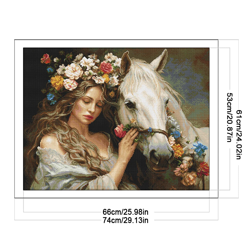 Full Embroidery cotton Thread 11CT Printed Girl Horse Cross Stitch 74x61cm