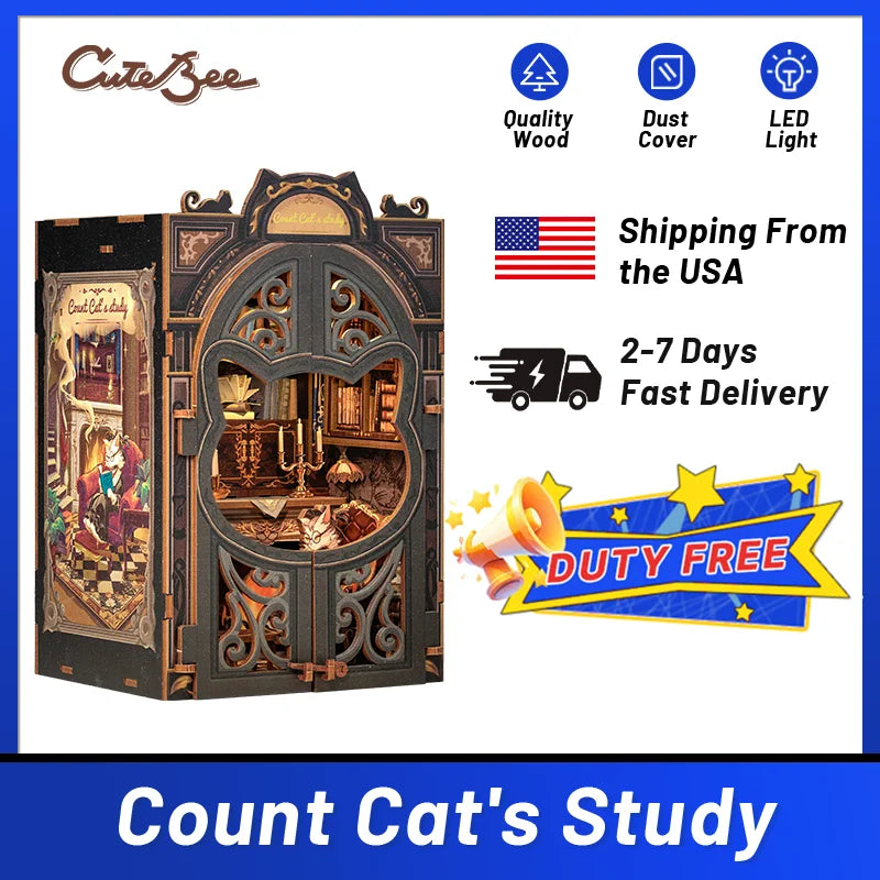 CUTEBEE 3D Puzzle DIY Book Nook Kit Wooden Dollhouse with Light Miniature Model Child Adult Toys for Count Cat's Study