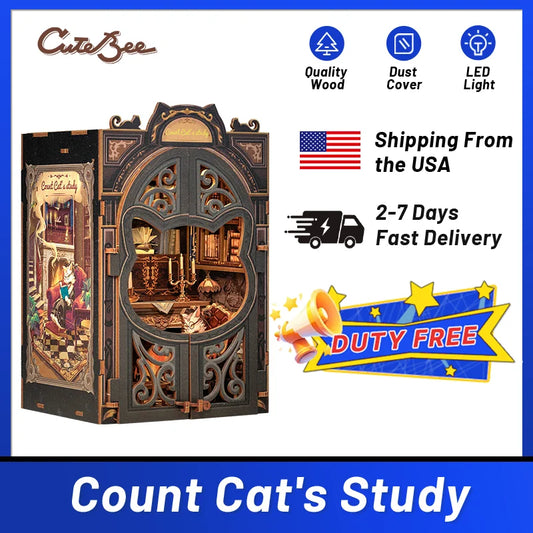 CUTEBEE 3D Puzzle DIY Book Nook Kit Wooden Dollhouse with Light Miniature Model Child Adult Toys for Count Cat's Study