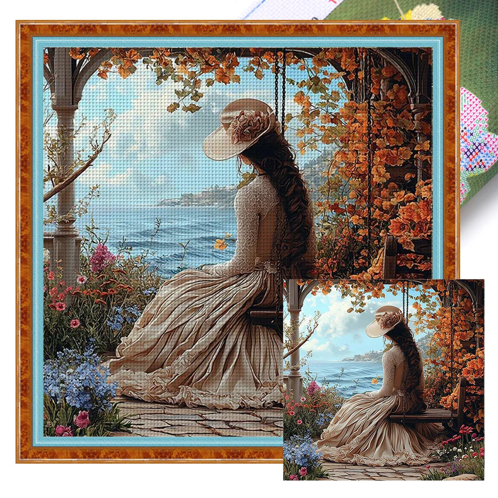 Full Embroidery Eco-cotton Thread 11CT Printed Girl Cross Stitch Kit Art 50x50cm