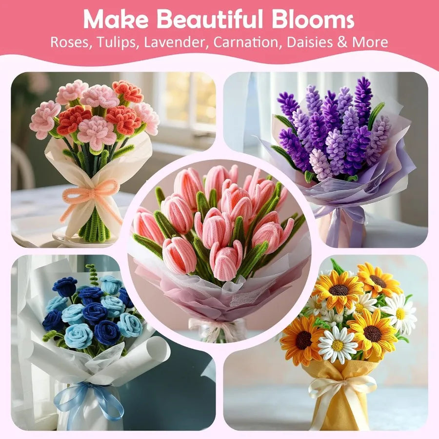 500 Pcs Pipe Cleaners Craft Kit for Flower Making Complete DIY Flower Craft Set with Chenille Stems Craft Wire Stamen Tape Ribb