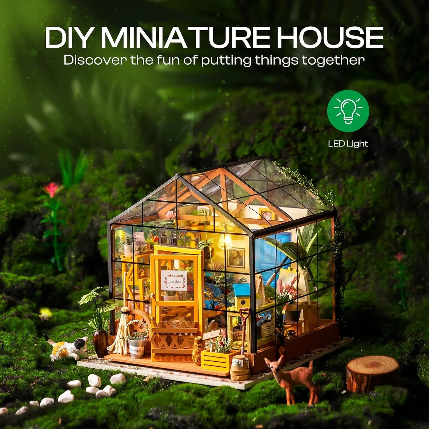 Robotime Mini Green House Cathy's Flower House DIY Dollhouse Wooden Miniature Furniture Kit with LED Best Birthday Gifts