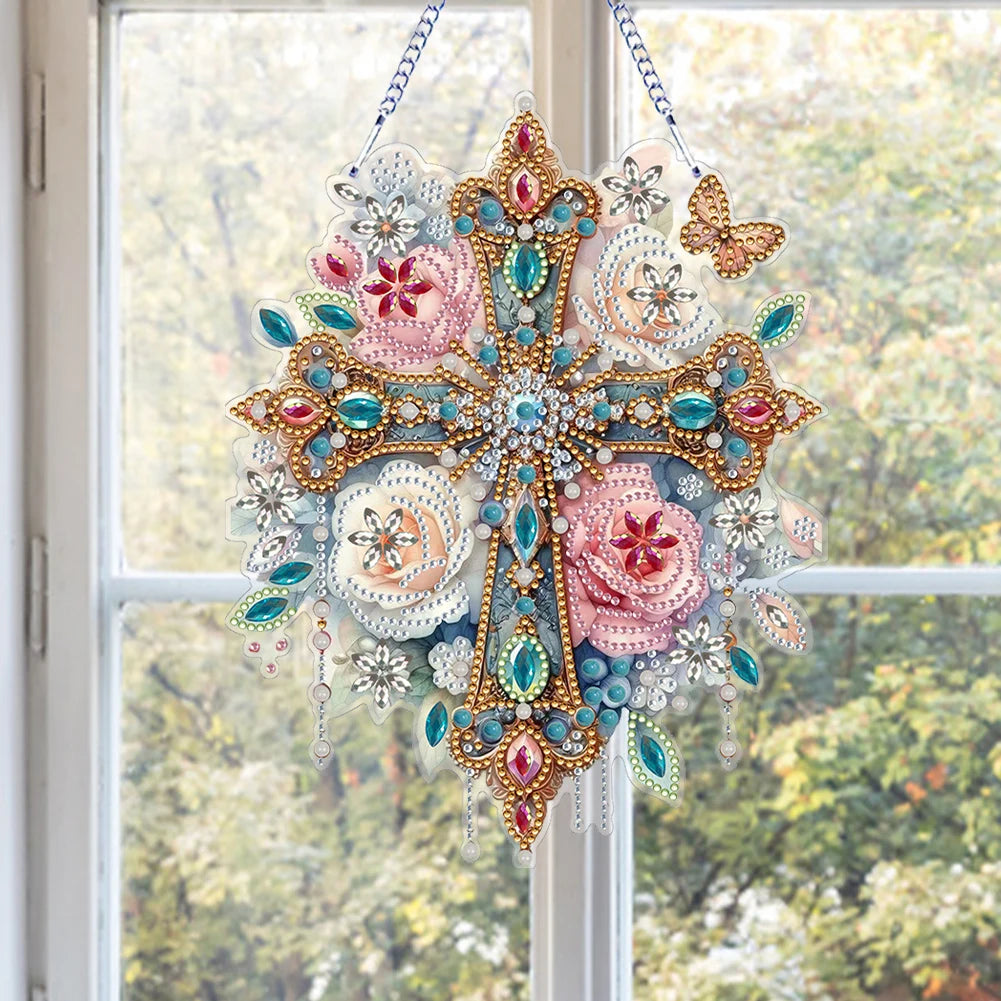 Flower 2D/Flat DIY Special Shape Hanging Diamond Art Kits Diamond Painting Set Diamond Art Pendant Wall Decor for Home & Windows