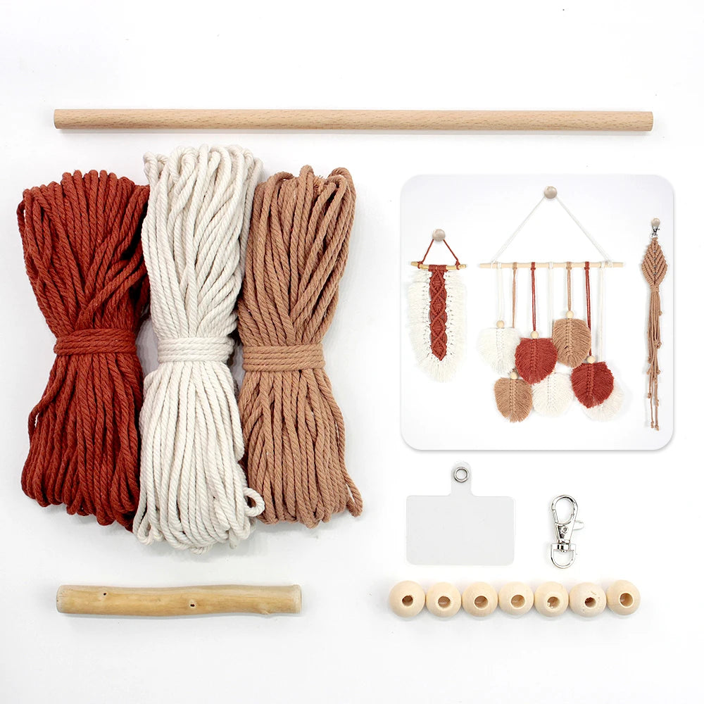 Leaf Tapestry Keychain Macrame Kit with Tutorial For Beginners Handmade DIY Key Chain Wall Hanging Knitted Kit for Home Decor