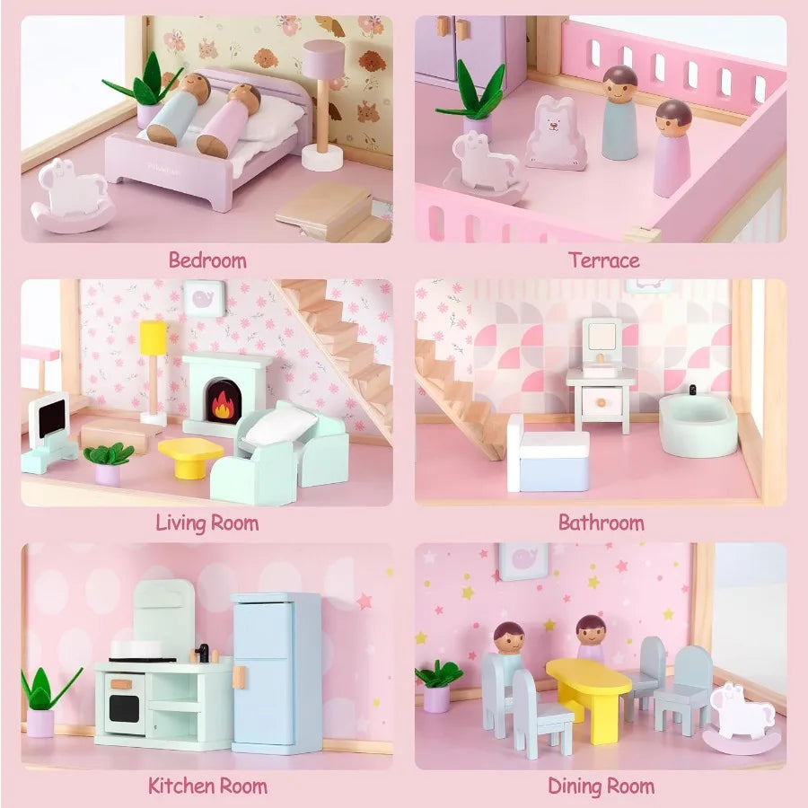 Large Pink Wooden Dollhouse 7Room 3Story Doll House with 38Pc Furniture and Accessories Balcony Montessori Pretend Play Gift fo