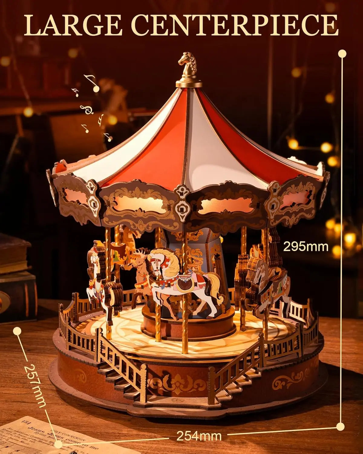 Robotime 3D Wooden Puzzle Carousel Music Box With LED Lights Gear Model Building Construction Craft Kits Xmas Gifts for Adult