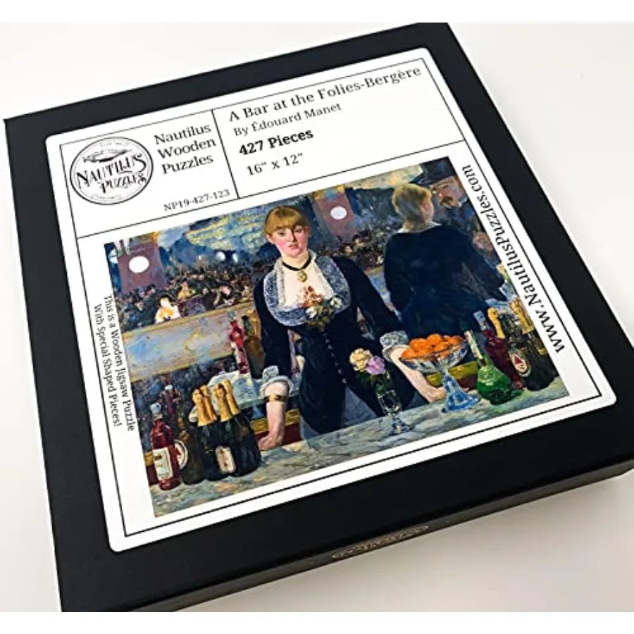 Wooden Jigsaw Puzzle A Bar at The Folies Bergere by Edouard Manet 427 Pieces. Made in USA by Nautilus Puzzles