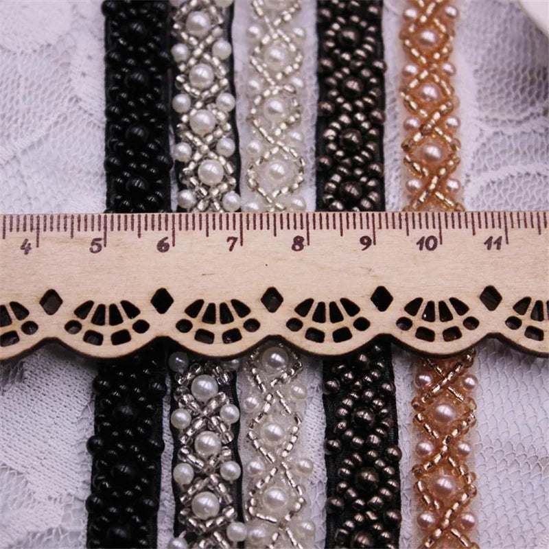 1 Yards Pearl Beaded Trim Bridal Lace Ribbon Crystal Rhinestone Applique Trim straps for Craft Sewing Wedding Dress DIY Fabric