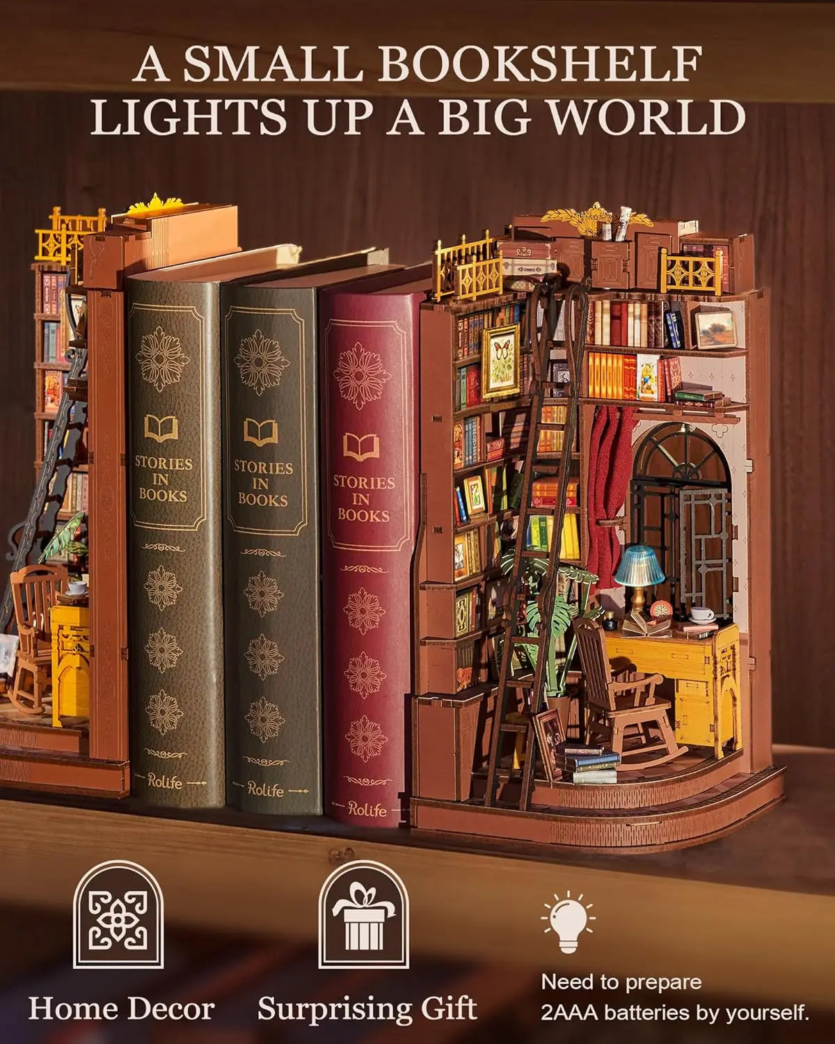 Robotime Rolife Silent Corner Study DIY Book Nook Shelf Insert Wooden Miniature Doll House for Bookshelf Insert Furniture TGE02