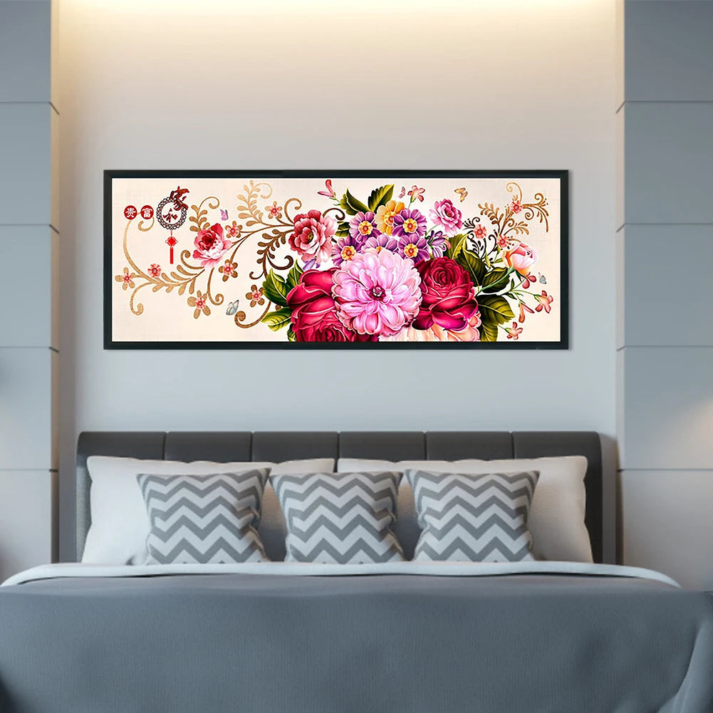Peony Full Cross Stitch 11CT Cotton Thread Printed Embroidery Kit Decor 110x40cm