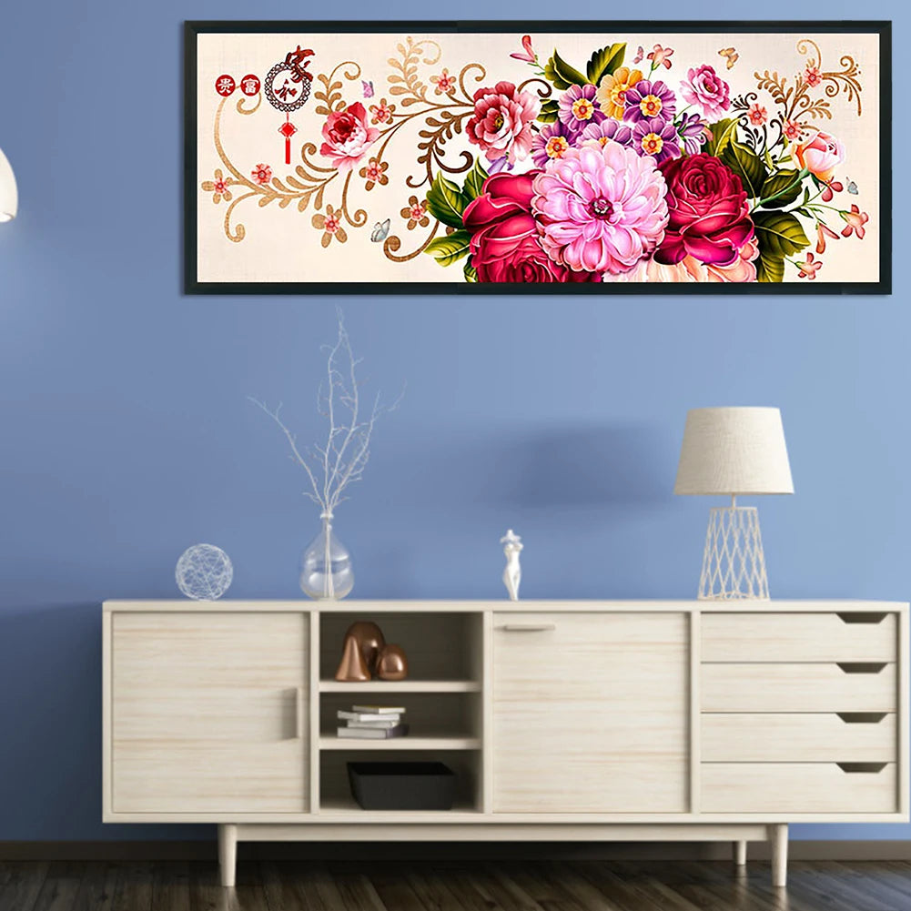 Peony Full Cross Stitch 11CT Cotton Thread Printed Embroidery Kit Decor 110x40cm