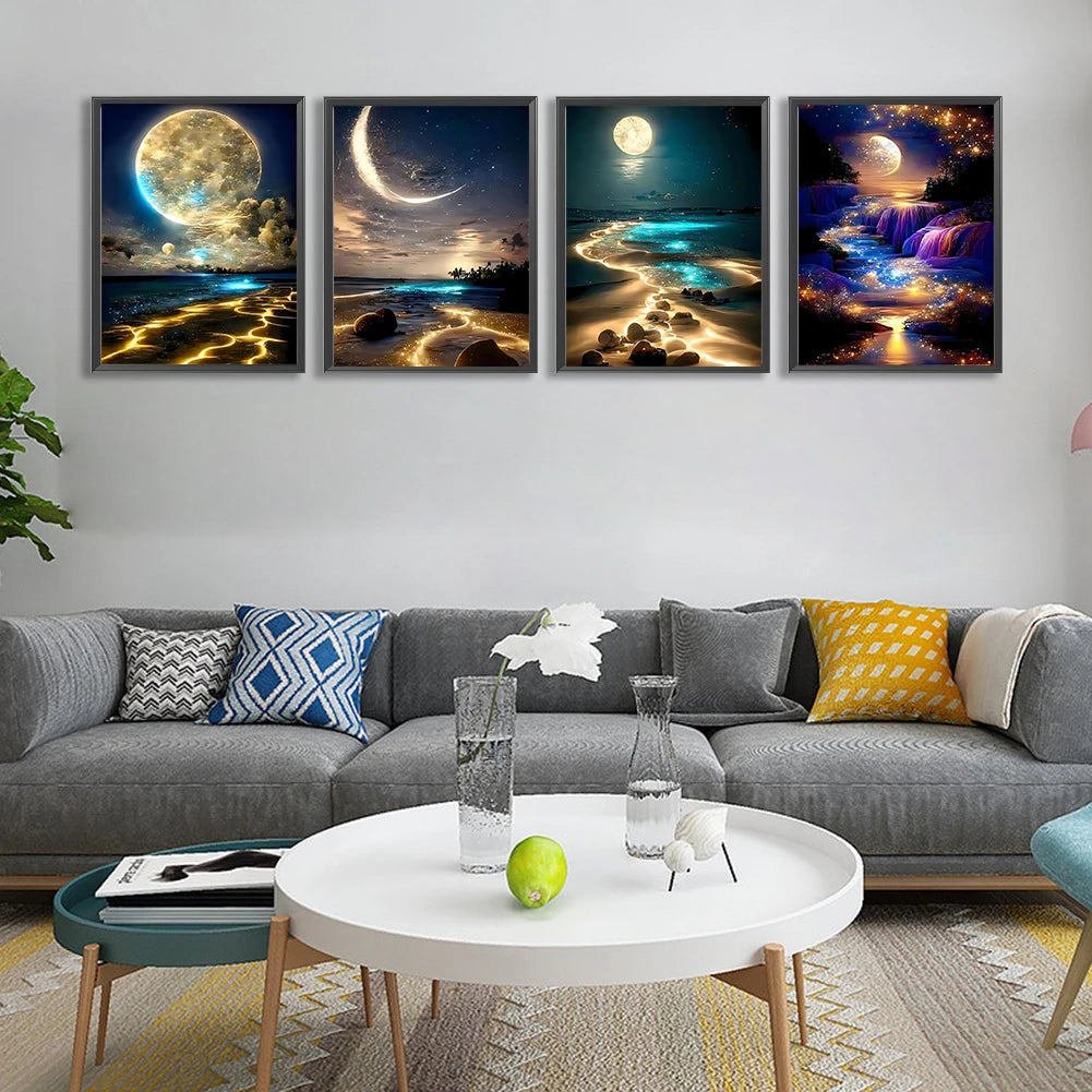 4pcs Moonlight 5D DIY Full Drill Round Diamond Painting Kit Home Decor 30x40cm
