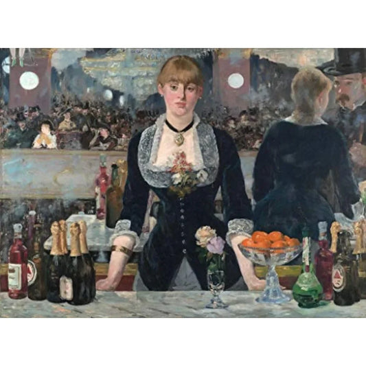 Wooden Jigsaw Puzzle A Bar at The Folies Bergere by Edouard Manet 427 Pieces. Made in USA by Nautilus Puzzles
