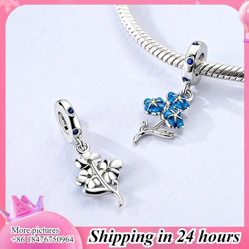 Abalorios de Plata de Ley 925 – Esmaltado "No Olvides" + Cuentas de Circonita Cúbica + Colgante de Flor