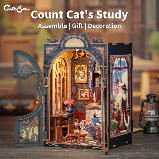 CUTEBEE 3D Puzzle DIY Book Nook Kit Wooden Dollhouse with Light Miniature Model Child Adult Toys for Count Cat's Study