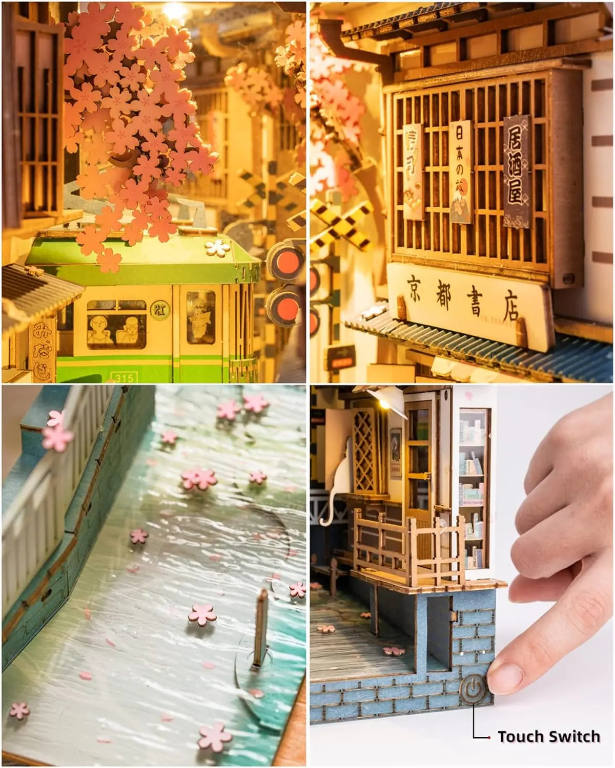 Robotime Rolife Sakura Densya Book Nook DIY Dollhouse Bookend Model Kit with LED Light Wooden Puzzle for Bookshelf Decor - TGB01
