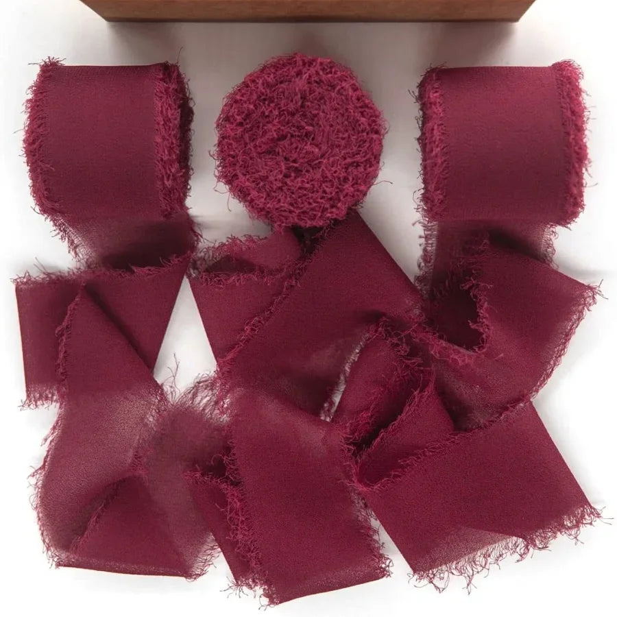 3 Roll/set 5m Frayed Edged Satin Handmade Chiffon Silk Ribbon For Wedding Invitation Bouquets Birthday Party DIY Decoration Gift