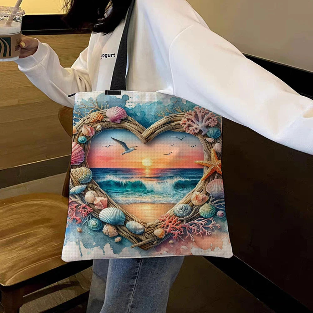 11CT Print Heart-Shaped Beach Scenery DIY Tote Bag Cross Stitch Kits 40x40cm Needlework Embroidery Craft Kit for Kids Adults