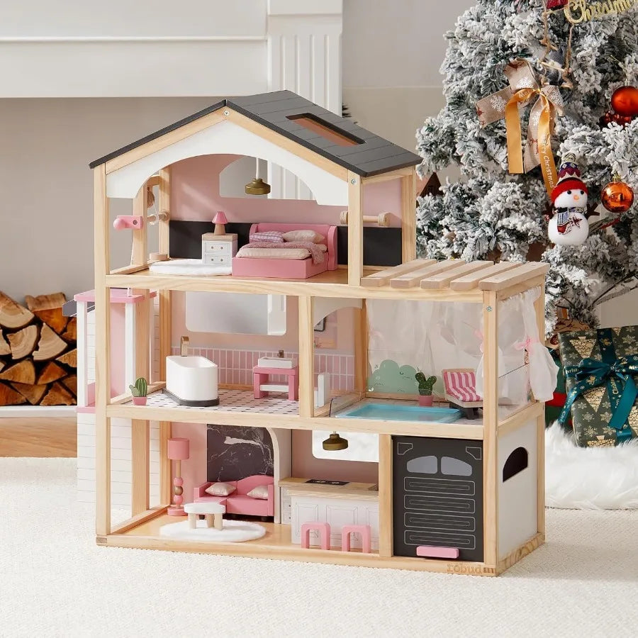 Doll House, Wooden Dollhouse with 6 Rooms, 29-pcs Furniture Set, Working Elevator, Garage, Swimming Pool, Ideal Gift for Kids Ag