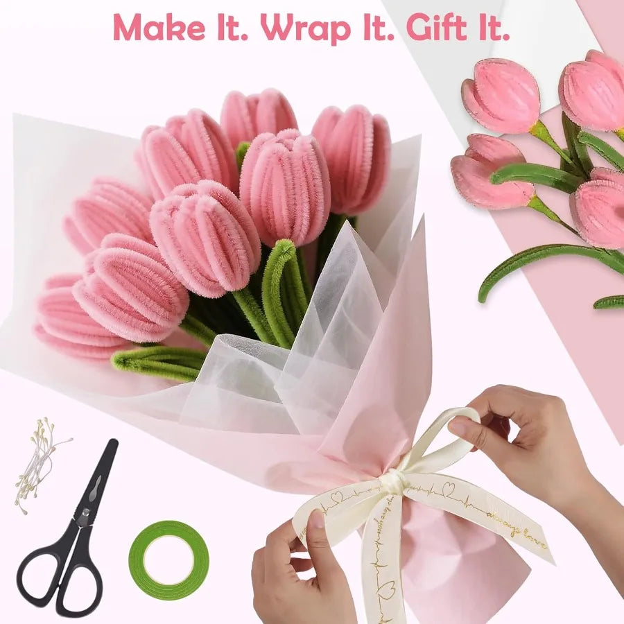 500 Pcs Pipe Cleaners Craft Kit for Flower Making Complete DIY Flower Craft Set with Chenille Stems Craft Wire Stamen Tape Ribb