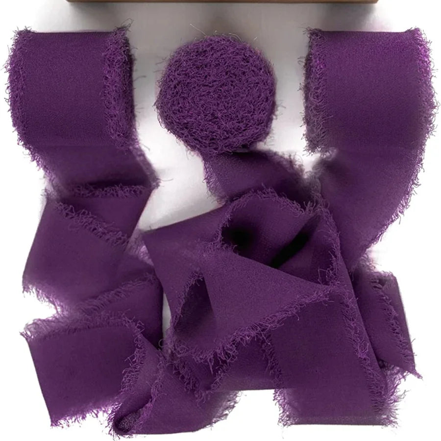 3 Roll/set 5m Frayed Edged Satin Handmade Chiffon Silk Ribbon For Wedding Invitation Bouquets Birthday Party DIY Decoration Gift