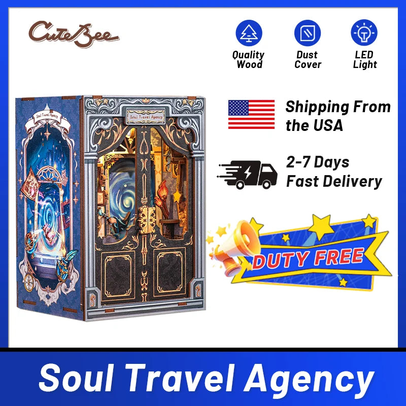 CUTEBEE Book Nook DIY Mini Dollhouse with Light Wooden Bookshelf Insert Soul Travel Agency Booknook Decor 3D Puzzle for Gifts