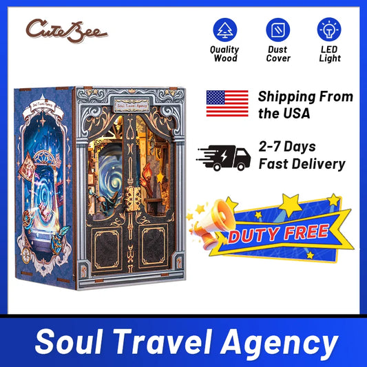 CUTEBEE Book Nook DIY Mini Dollhouse with Light Wooden Bookshelf Insert Soul Travel Agency Booknook Decor 3D Puzzle for Gifts