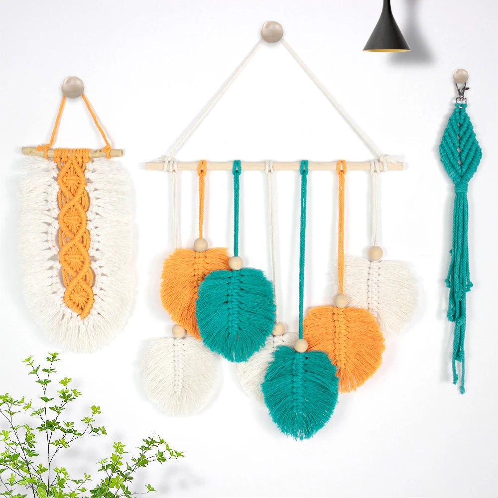 3pcs Handmade Knitting Leaf Combo Macrame Kit with Tutorial For Beginners Hand DIY Keychain Tapestry for Home Decor Wall Hanging