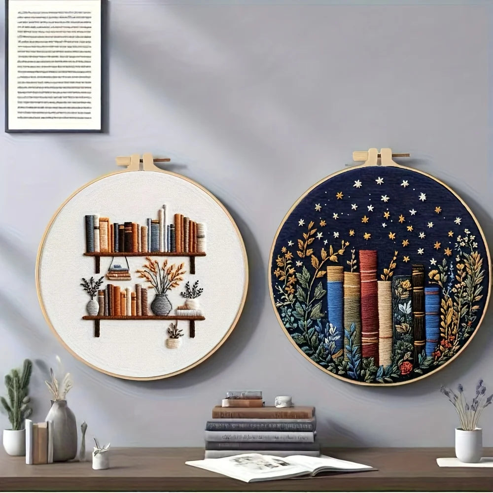 Creative Bookshelf Flower And Plant Book Pattern Series Handmade DIY Embroidery Material Package Set. The Embroidery Set Include