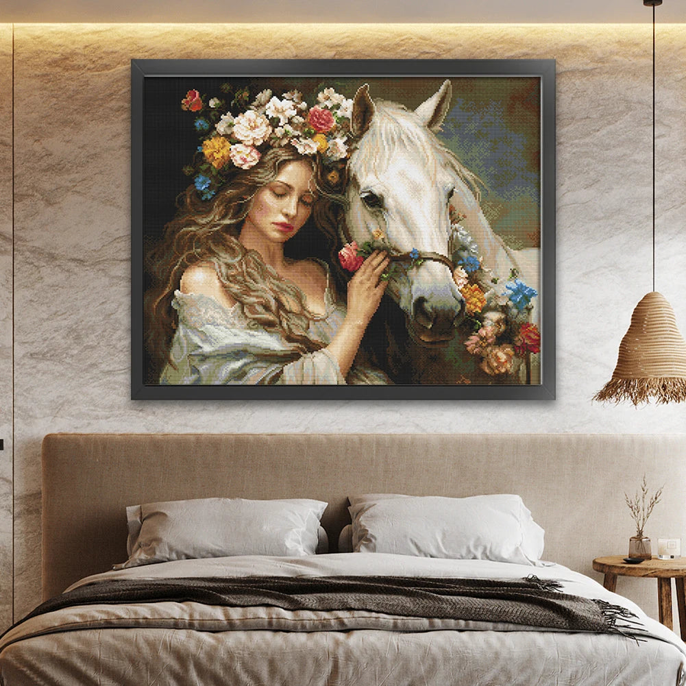 Full Embroidery cotton Thread 11CT Printed Girl Horse Cross Stitch 74x61cm