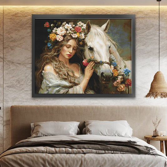 Full Embroidery cotton Thread 11CT Printed Girl Horse Cross Stitch 74x61cm