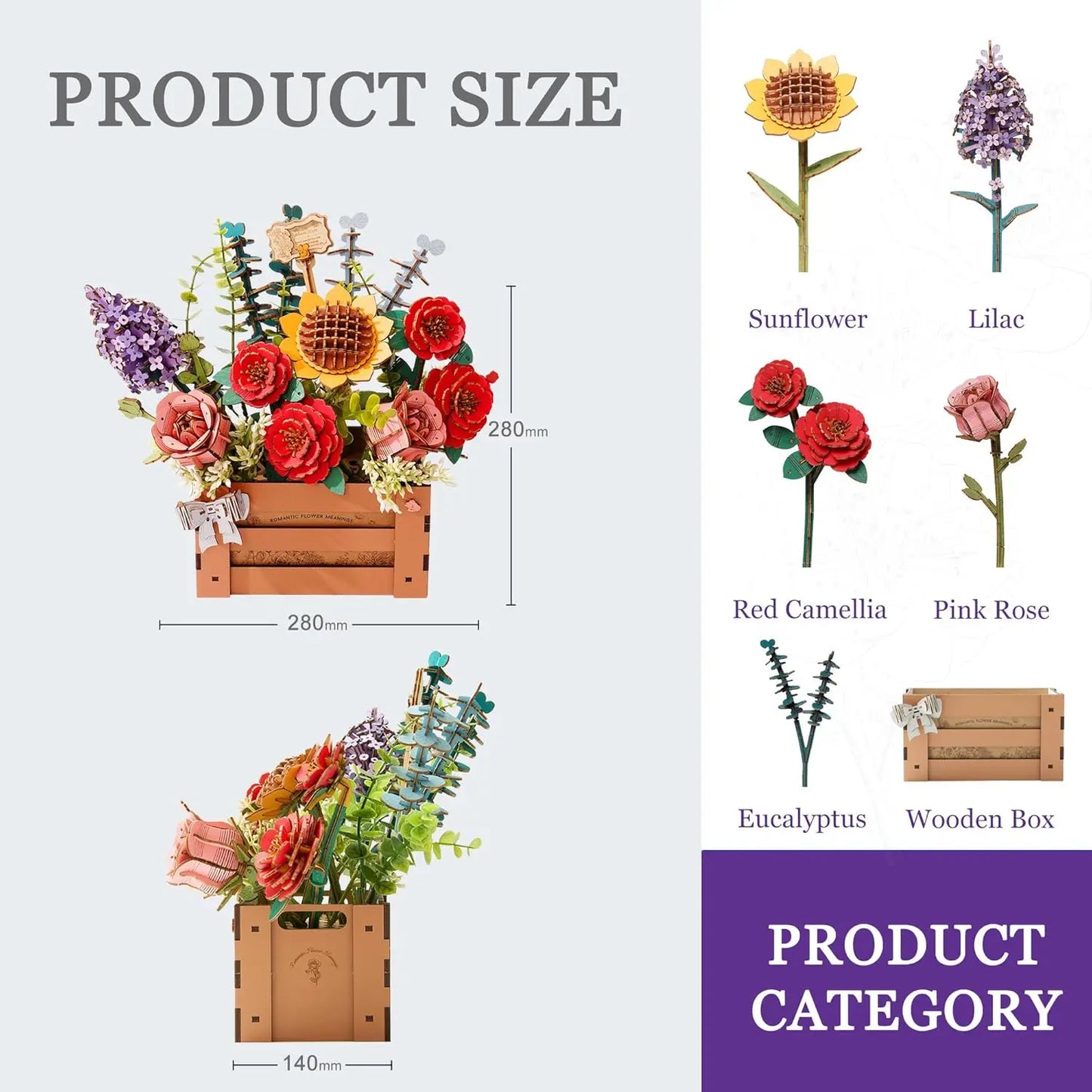 Robotime Flowers 3D Wooden Puzzle Artificial Bouquet Model Kits Wooden Puzzle Construction Kit Women Valentine's Day Birthday