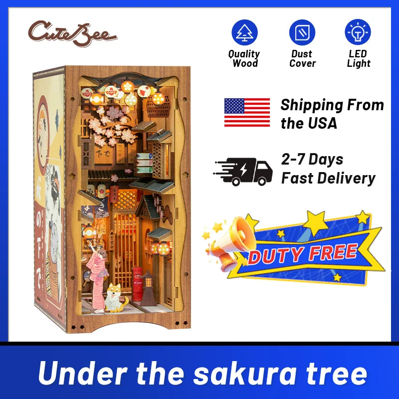 Cutebee DIY Book Nook Sakura Miniature Dollhouse Bookshelf Insert Japanese Wooden Bookend 3D Lighting Building for Kid Gifts