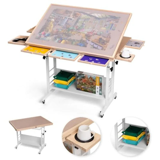 1500 Piece Tilting and Rotating Puzzle Table with 5 Drawers and Cover Angle and Height Adjustable Puzzle Board with Removable C