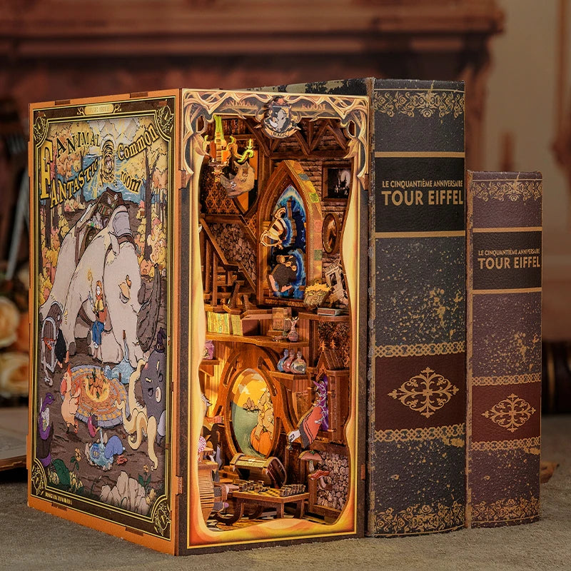 CUTEBEE DIY Book Nook Kit Wooden Dollhouse with Touch Light Magic Bookshelf Insert Decor for Gift Fantastic Animal Common Room