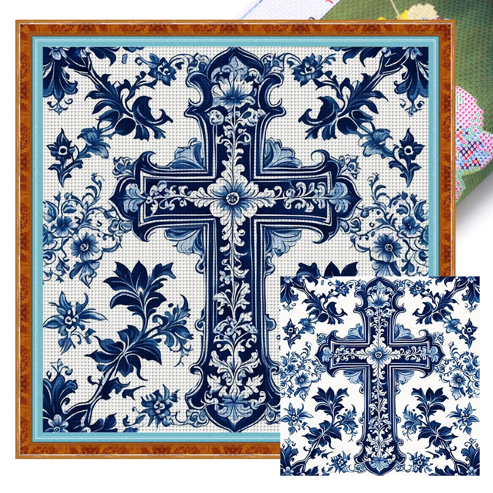 Full Embroidery Eco-cotton Thread 14CT Printed Blue and White Cross Stitch Kit