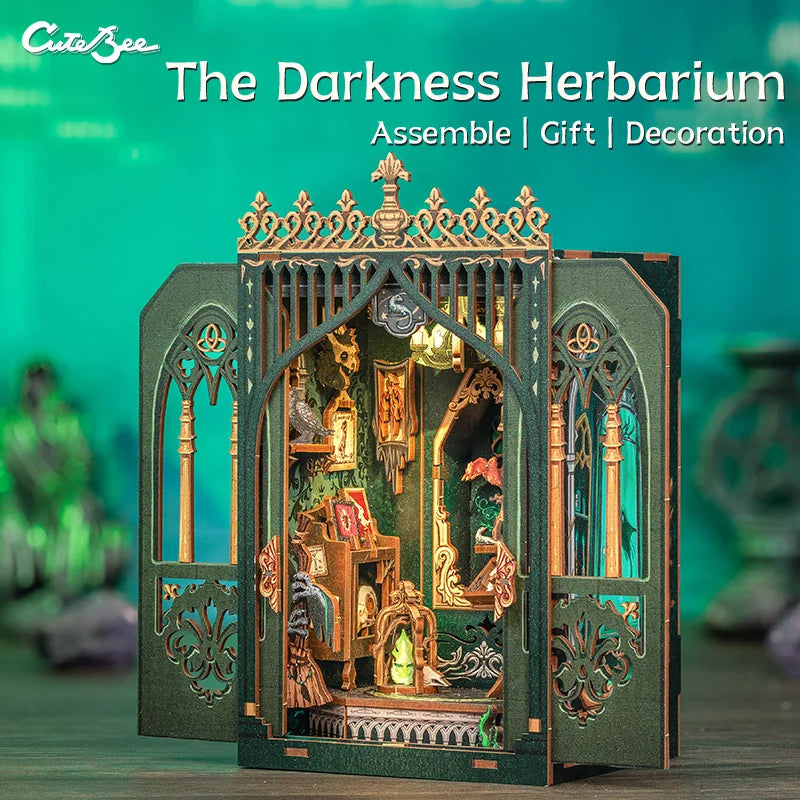 CUTEBEE Wooden 3D Puzzle DIY Book Nook Kit Miniature Dollhouse with Light Dust Cover Bookshelf Insert for Child Birthday Gift