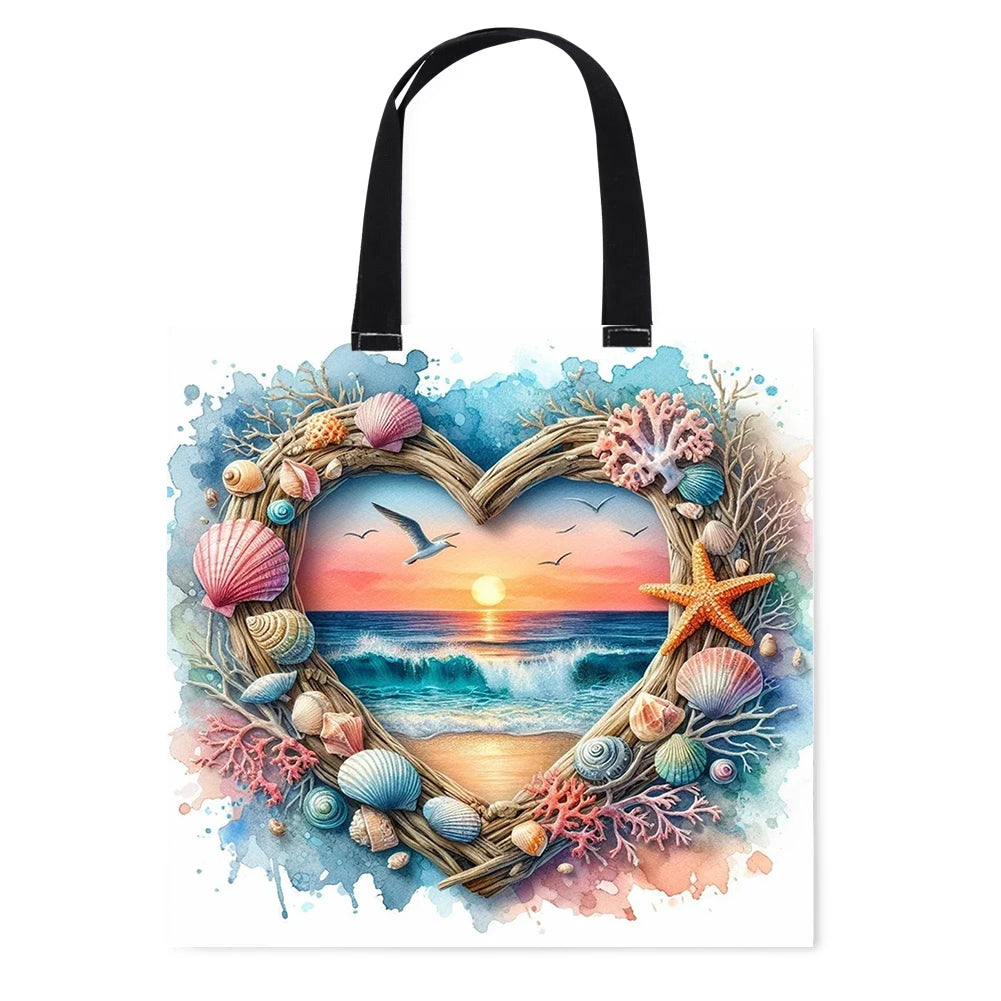 11CT Print Heart-Shaped Beach Scenery DIY Tote Bag Cross Stitch Kits 40x40cm Needlework Embroidery Craft Kit for Kids Adults