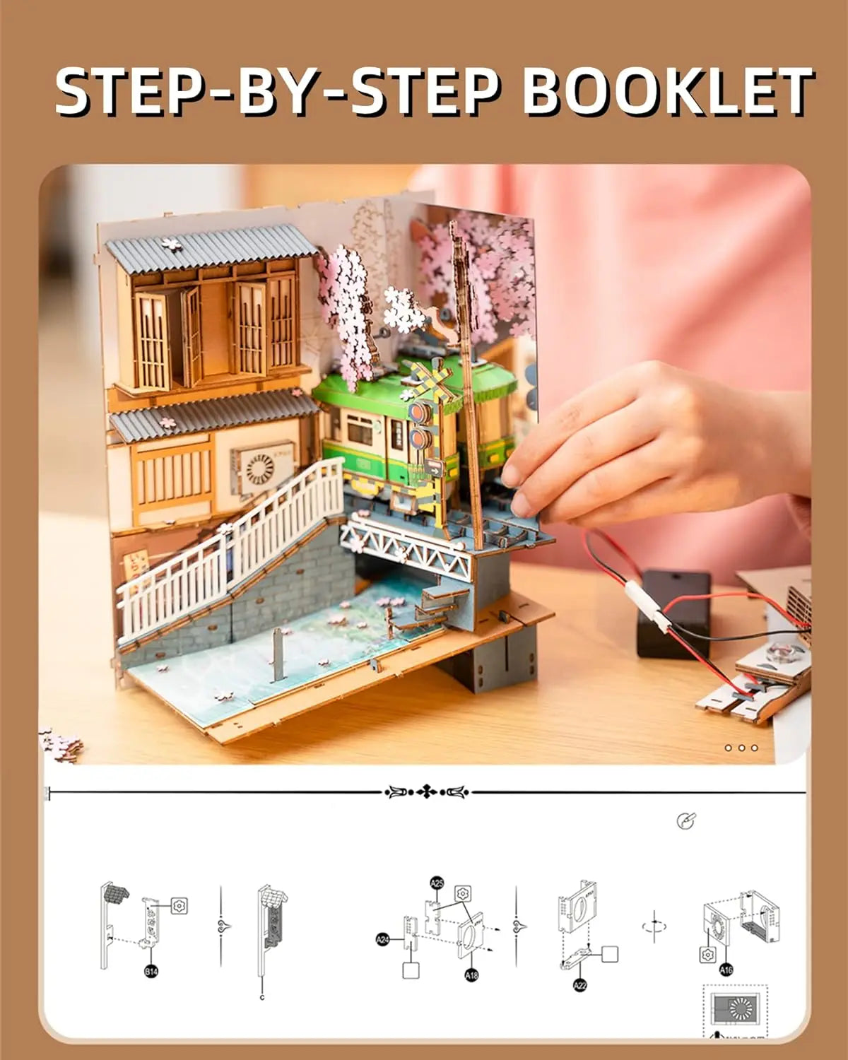 Robotime Rolife Sakura Densya Book Nook DIY Dollhouse Bookend Model Kit with LED Light Wooden Puzzle for Bookshelf Decor - TGB01