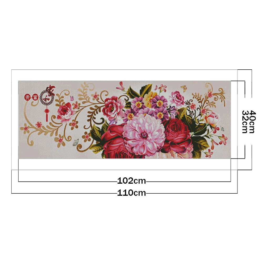 Peony Full Cross Stitch 11CT Cotton Thread Printed Embroidery Kit Decor 110x40cm