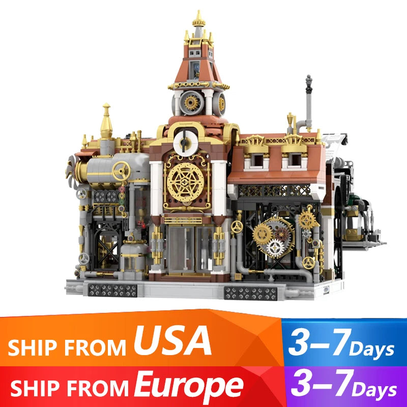 2788PCS MOC Steampunk Railway Station Large Building Blocks Mechanical Train Station Model Desktop Decoration DIY Toys Kids Gift