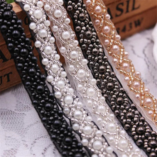 1 Yards Pearl Beaded Trim Bridal Lace Ribbon Crystal Rhinestone Applique Trim straps for Craft Sewing Wedding Dress DIY Fabric
