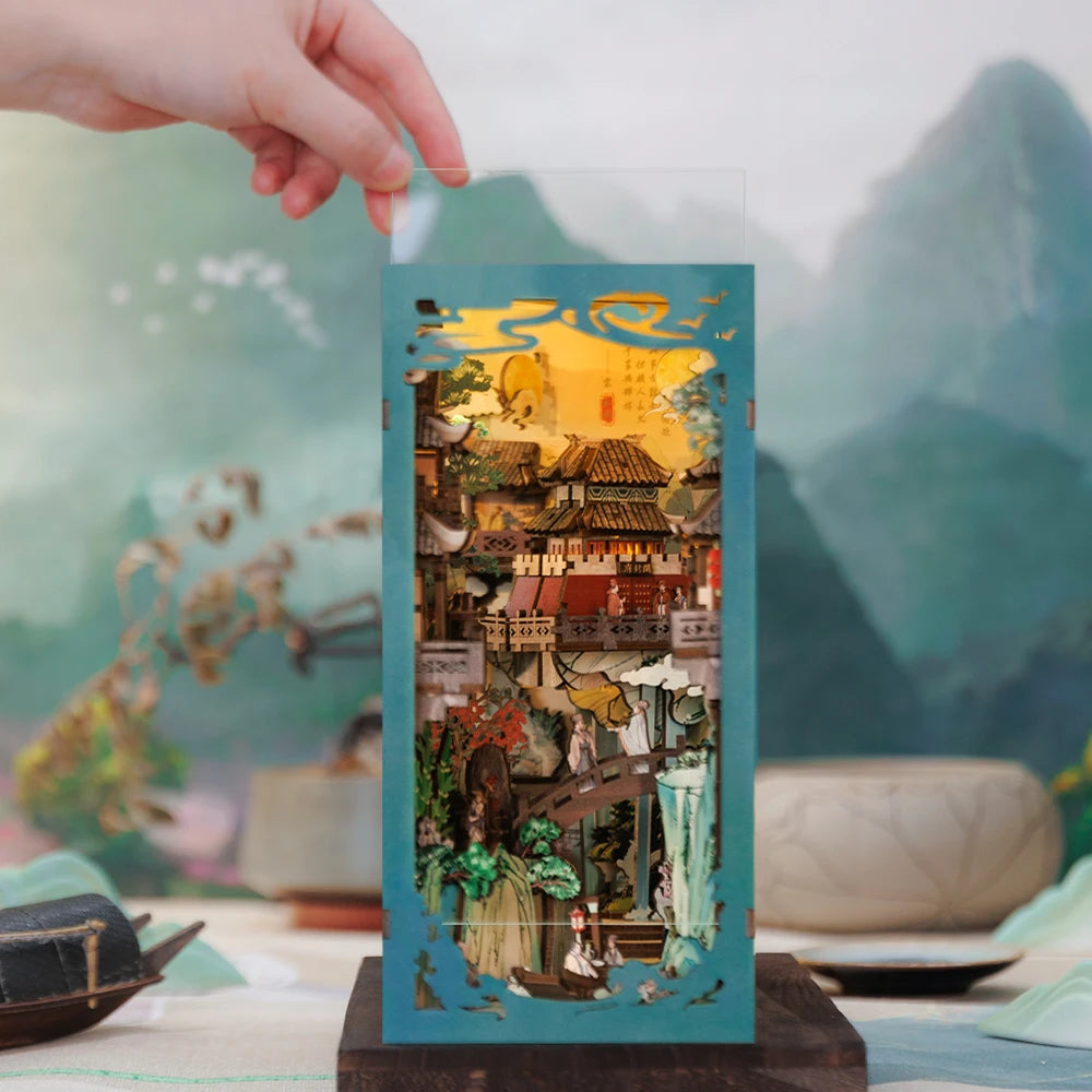 CUTEBEE Antiquity Book Nook Chinese Style Doll House Kit with Touch Light Dust Cover Bookshelf Insert Toy Su Dongpo's Life