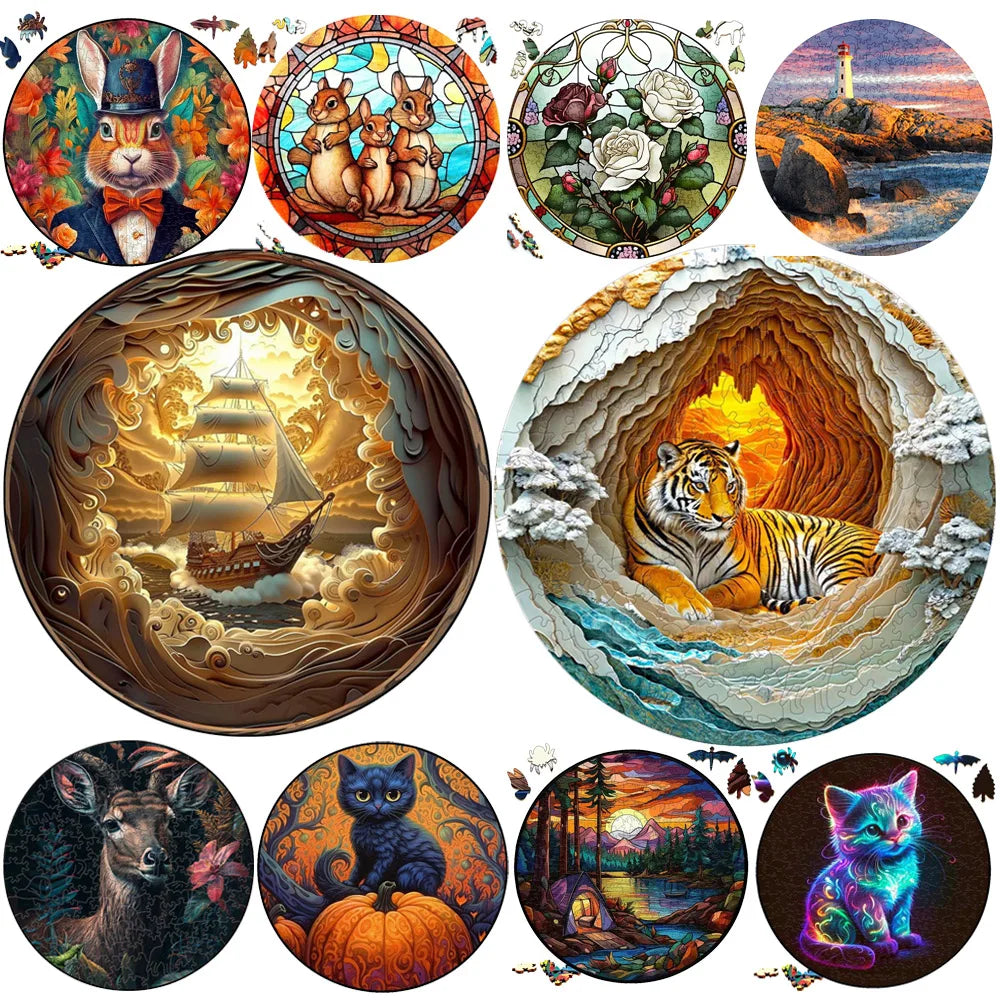 Animal Puzzle Wood Tiger Sailboat Cat Wooden Puzzles Medium Difficulty Jigsaws for Kids Adult Holiday Gifts Home Deco