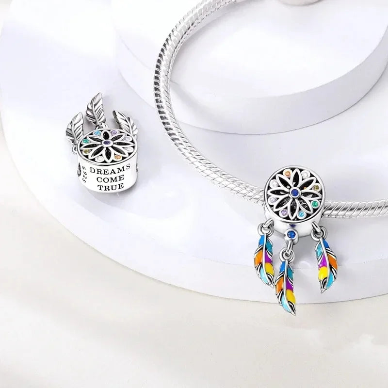 Abalorios de Circonita Cúbica + Atrapasueños Bohemio: Plata de Ley 925 de Amor, Compatible con Pulsera Original