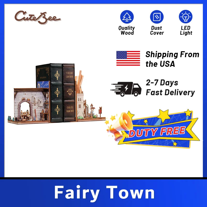 CUTEBEE 3D Bookends DIY Dollhouse Wooden Bookshelf Insert Book Nook Decoration 3D Puzzle Toy for Gifts Fairy town