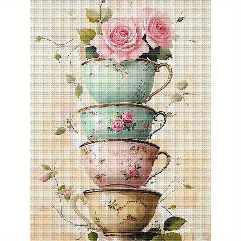 DIY Floral Teacup Cross Stitch Kit - 13, 8"x17, 7" Frameless Fabric, 11CT Printed Design with Pink Roses & Green Leaves, Perfect for Home Wall Decor, Mother'S Day Gift, Includes Eco-Cotton Thread, Home Decor Craft|Floral Patt
