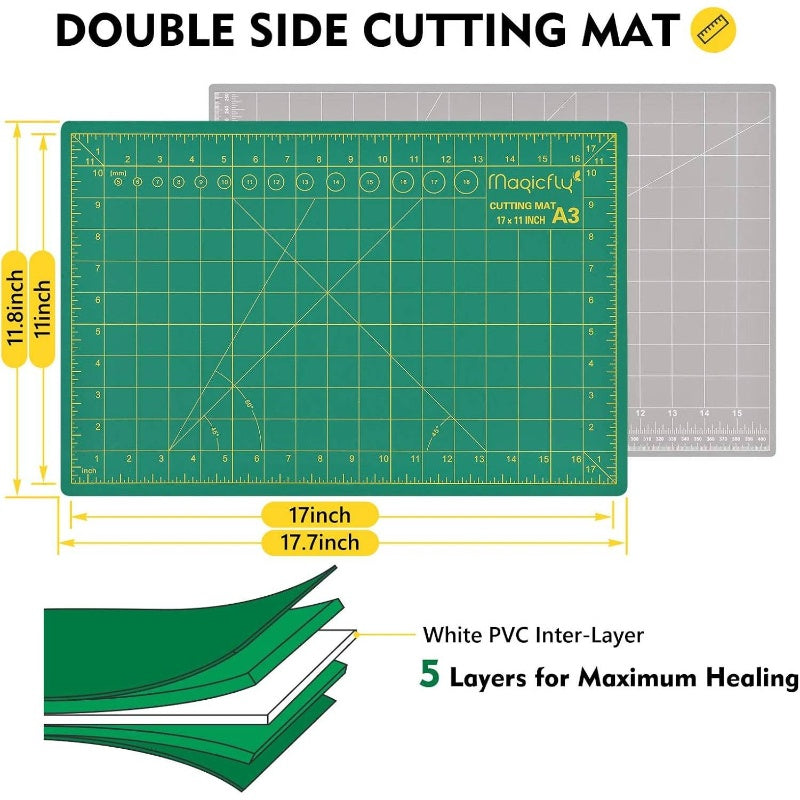 Complete Rotary Cutter Set with 45mm & 28mm Fabric Cutters, A3 Self-Healing & 12x6 Inch Quilting Ruler - Heavy-Duty Double-Sided Cutting Board for Quilting, Sewing, Fabric Crafting Kit with 10 Blades (for hobbyists & Professi